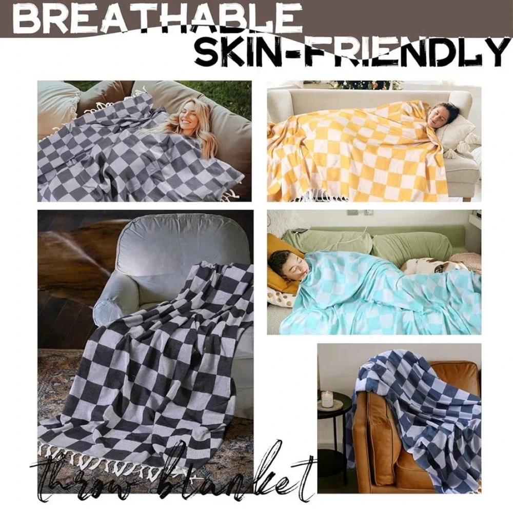 Gray Checkered Turkish Beach Blanket Throw 82x90 NEW
